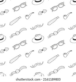 Father's Day holiday seamless pattern with doodle mustache, bow tie, glasses, hat smoking pipe and watch. Hand drawn male items vector illustration