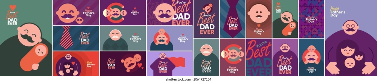 Father's Day is a day of honouring fatherhood and paternal bonds. Mega collection of posters. Children hug dad. Flat vector illustration. Minimalistic background for poster, postcard, banner.