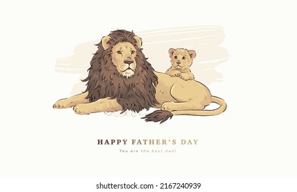 Father's day horizontal background with lions family. Happy Father’s day hand drawn greeting card. Vector illustration