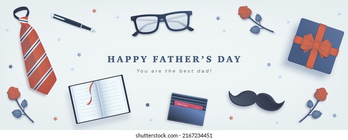 Father's Day horizontal banner, greeting card or wallpaper design template with necktie, moustache, glasses, gift box and flowers on blue background
