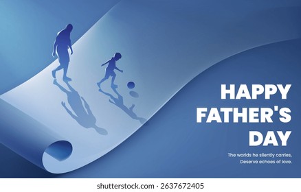 Father's Day horizontal illustration of a father and child kicking a ball on a scroll
