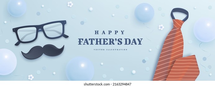 Father's Day horizontal poster or banner template with necktie, moustache and helium balloons on blue background