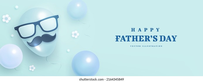 Father's Day horizontal poster or banner template with moustache, helium balloons and flowers on blue background. Vector illustrtation