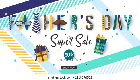 Father's Day Horizontal Sale Banner. Promo Design. Vector illustration.