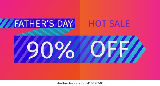 Father's Day Hot Sale Offer. Untied striped blue tie with the inscription and percentage of discounts. 90% off. Vector template for banner promotion, advertising, flyer, invitation, brochure, discount