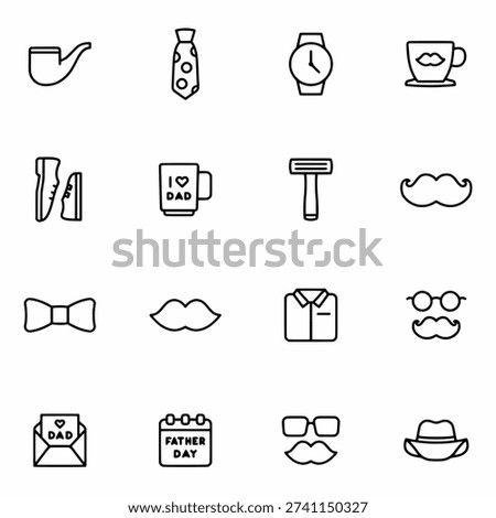 Fathers Day Icon Set Dad Elements, Tools, Mustache, Tie, Trophy, Vector Outline Collection
