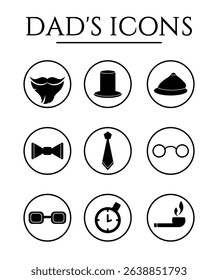 Father's Day icon set isolated on white. Symbol of men accessories in black and white color. Vector illustration.