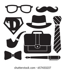 Father's Day Icon Set Isolated On White. Symbol Of Men Accessories In Black & White Color. Vector Illustration.