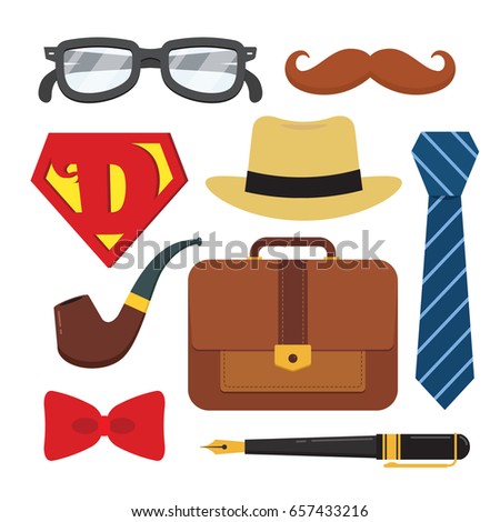 Father's Day icon set isolated on white. Symbol of men accessories in flat design. Vector illustration.