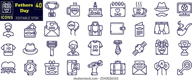 Fathers day icons. Celebration accessories message decoration party icons .