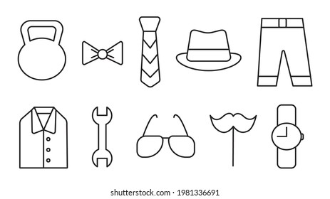 Father's day icons set isolated on white. Men's Accessories. Vector illustration.