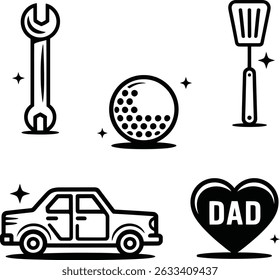 Ícones do Dia dos Pais definidos com chave inglesa, carro, bola de golfe, espátula e símbolo do coração Pai.









