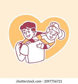 Father's Day illustration. It depicts a man and he carries his daughter on his shoulder. They are having fun.