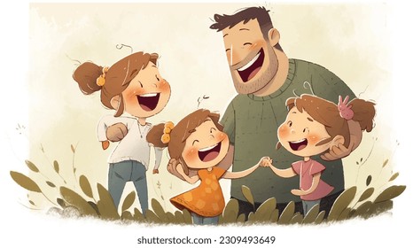 father's day illustration. father and his three children having fun