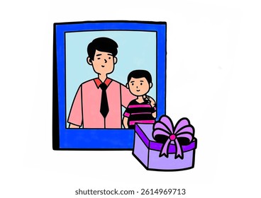 Father's Day illustration:  A father and son, with a gift, in a photo frame.