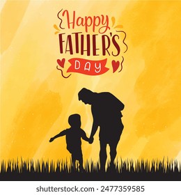 Father's Day illustration featuring a silhouette of a dad, child and grass, elegant typography on top, yellow sky background. Perfect for Father's Day cards, banners, and social media. Editable 