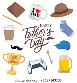 Father's Day illustration with men's elements like clothes, trophy, coffee mug, wallet, beer, socks, perfect for cards, posters, and celebration materials