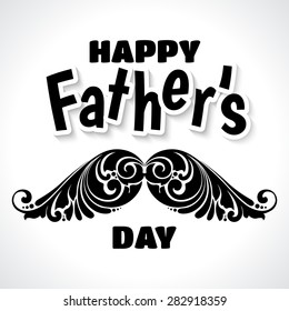 Father's Day illustration with ornate decorative curls mustache. Stylish black and white greeting card banner design with text Happy Father's Day