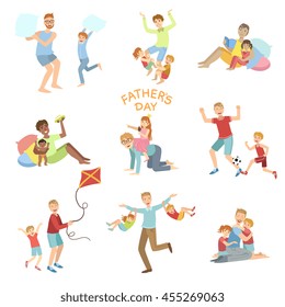 Fathers Day Illustration Set Of Dads Playing With Kids