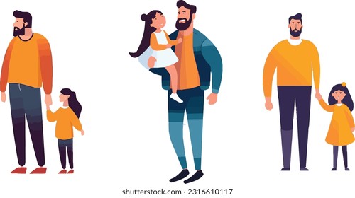 Fathers day Illustration set with daughter holding hand of Father, Dad carrying daughter cheerful moment, Father and daughter together standing celebrating Fathers day in happy mood