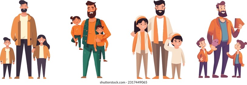Fathers day Illustration set with daughter and son holding hand of Father, Dad carrying kids cheerful moment, Father with daughter and son together standing celebrating Fathers day in happy mood