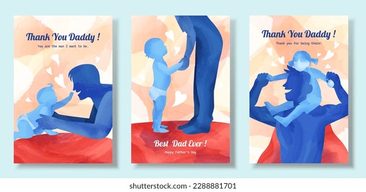 Father's day illustration in watercolor style. Silhouette of baby crawling towards father, father holding standing baby's hands and daughter sitting on father's shoulders.