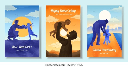 Father's day illustration in watercolor style. Silhouette of daughter running into her father's arms, father lifting his son up and father teaching his children how to ride bicycle.