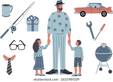 Father's Day isolated vector set – dad with kids, fishing, car, tools, gifts, grill, tie – retro muted colors blue and coral for celebration design