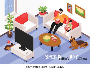 Fathers day isometric background with dad and his son in home interior watching tv together  vector illustration