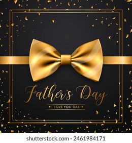 Fathers Day, June 16th. Vector Background. Black and Golden Banner with Realistic Bow Tie, Falling Confetti, Lettering, Typography. Silk Glossy Bowtie, Gentleman Tie. Fathers Day Concept