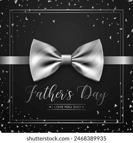 Fathers Day, June 16th. Vector Background. Black and Silver Color Banner with Realistic Bow Tie, Falling Confetti, Lettering, Typography. Silk Glossy Bowtie, Gentleman Tie. Fathers Day Concept