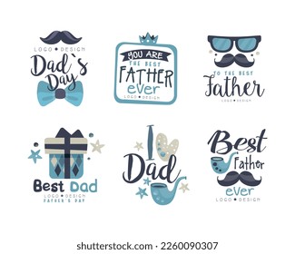 Father's Day Label Design with Mustache, Smoking Pipe, Bow Tie and Gift Vector Set