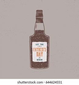 Fathers day label design. Rum bottle with sign - Let Fathers day begin. Funny holiday concept in retro colors style for celebrating day of father. Stock vector illustration isolated.