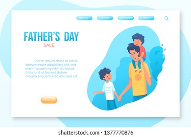 Fathers Day landing page vector template. Parenting, fatherhood vector web banner. Dad piggybacking toddler isolated clipart. Parents and kids leisure activities, pastime. Family time
