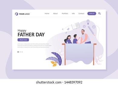 Fathers Day landing page vector template. Parenting, fatherhood vector web banner. Father educating kid isolated clipart. 