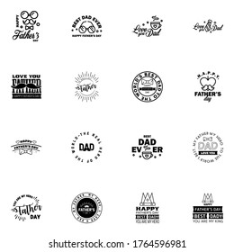 Fathers Day Lettering 16 Black Calligraphic Emblems. Badges Set. Isolated on Dark Blue. Happy Fathers Day. Best Dad. Love You Dad Inscription. 