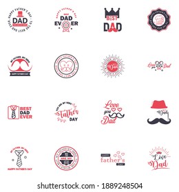 Fathers Day Lettering 16 Black and Pink Calligraphic Emblems. Badges Set. Isolated on Dark Blue. Happy Fathers Day. Best Dad. Love You Dad Inscription. Vector Design Elements For Greeting Card 