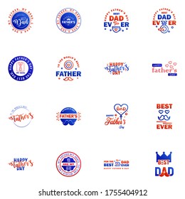 Fathers Day Lettering 16 Blue and red Calligraphic Emblems. Badges Set. Isolated on Dark Blue. Happy Fathers Day. Best Dad. Love You Dad Inscription. Vector Design Elements For Greeting Card and Other