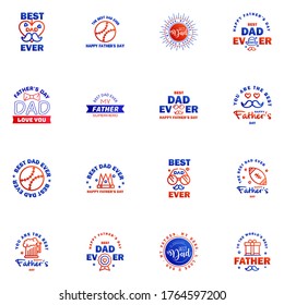Fathers Day Lettering 16 Blue and red Calligraphic Emblems. Badges Set. Isolated on Dark Blue. Happy Fathers Day. Best Dad. Love You Dad Inscription. 