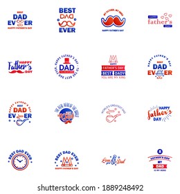 Fathers Day Lettering 16 Blue and red Calligraphic Emblems. Badges Set. Isolated on Dark Blue. Happy Fathers Day. Best Dad. Love You Dad Inscription. Vector Design Elements For Greeting Card 