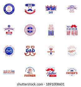 Fathers Day Lettering 16 Blue and red Calligraphic Emblems. Badges Set. Isolated on Dark Blue. Happy Fathers Day. Best Dad. Love You Dad Inscription. Vector Design Elements For Greeting Card 