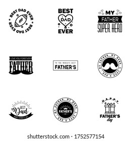 Fathers Day Lettering 9 Black Calligraphic Emblems. Badges Set. Isolated on Dark Blue. Happy Fathers Day. Best Dad. Love You Dad Inscription. Vector Design Elements For Greeting Card and Other Print