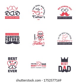 Fathers Day Lettering 9 Black and Pink Calligraphic Emblems. Badges Set. Isolated on Dark Blue. Happy Fathers Day. Best Dad. Love You Dad Inscription. Vector Design Elements For Greeting Card