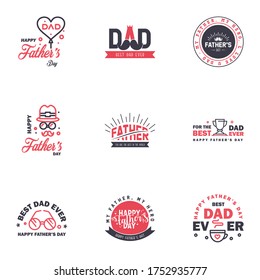 Fathers Day Lettering 9 Black and Pink Calligraphic Emblems. Badges Set. Isolated on Dark Blue. Happy Fathers Day. Best Dad. Love You Dad Inscription. Vector Design Elements For Greeting Card