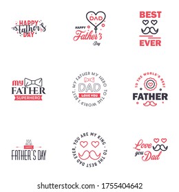 Fathers Day Lettering 9 Black and Pink Calligraphic Emblems. Badges Set. Isolated on Dark Blue. Happy Fathers Day. Best Dad. Love You Dad Inscription. 