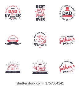 Fathers Day Lettering 9 Black and Pink Calligraphic Emblems. Badges Set. Isolated on Dark Blue. Happy Fathers Day. Best Dad. Love You Dad Inscription. 