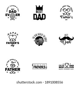 Fathers Day Lettering 9 Black Calligraphic Emblems. Badges Set. Isolated on Dark Blue. Happy Fathers Day. Best Dad. Love You Dad Inscription. Vector Design Elements For Greeting Card 