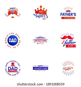 Fathers Day Lettering 9 Blue and red Calligraphic Emblems. Badges Set. Isolated on Dark Blue. Happy Fathers Day. Best Dad. Love You Dad Inscription. Vector Design Elements For Greeting Card 