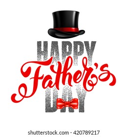 Fathers Day Lettering Calligraphic Design Isolated on White Background. Happy Fathers Day Inscription with fedora and bow tie. Vector Design Element For Greeting Card and Other Print Templates.