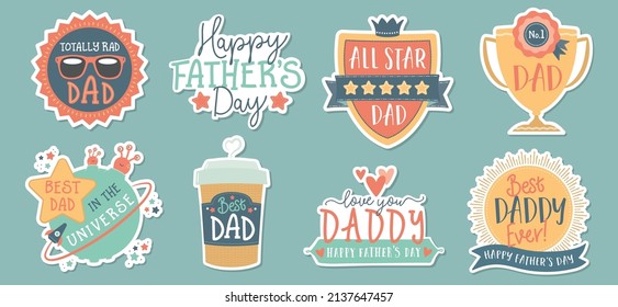 Fathers Day Lettering Calligraphic Emblems, Badges Set. Isolated sticker with drop shadow for Fathers, Dad, Daddy. Vector Design Elements